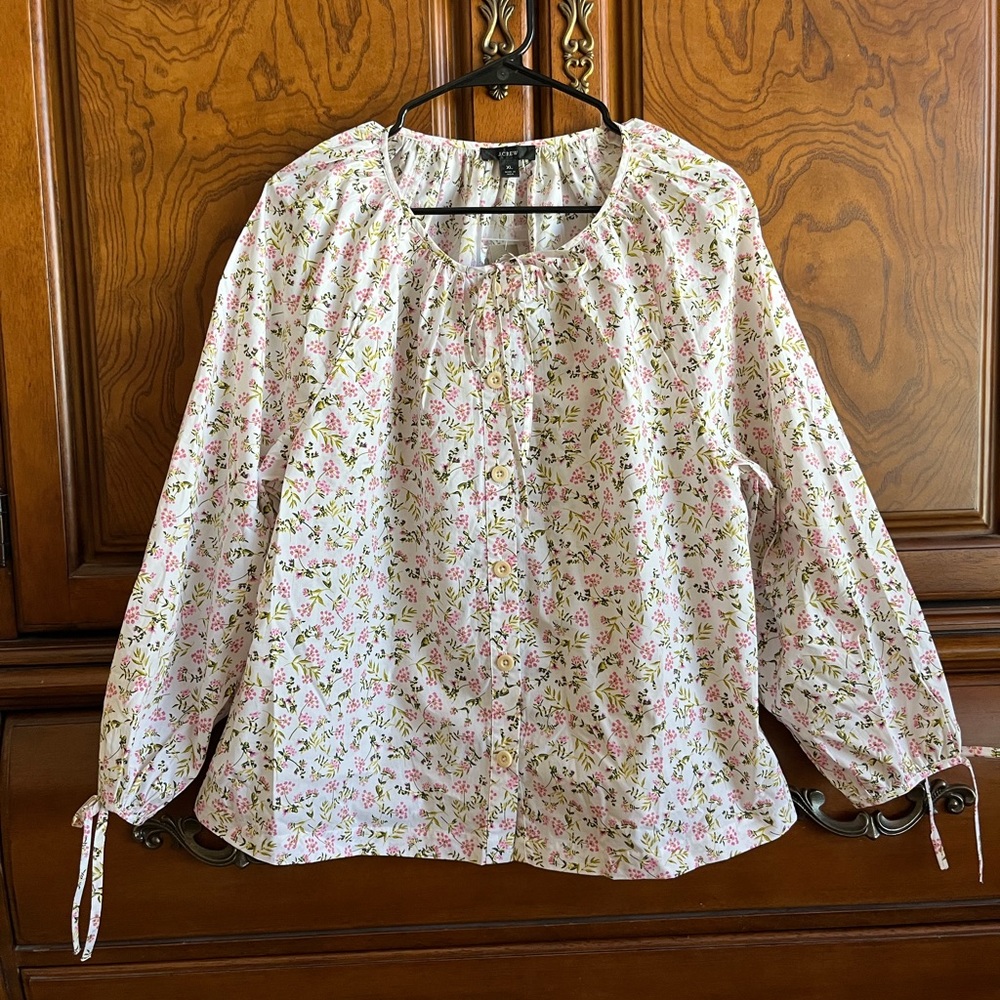 JCrew Floral Blouse with tie sleeves